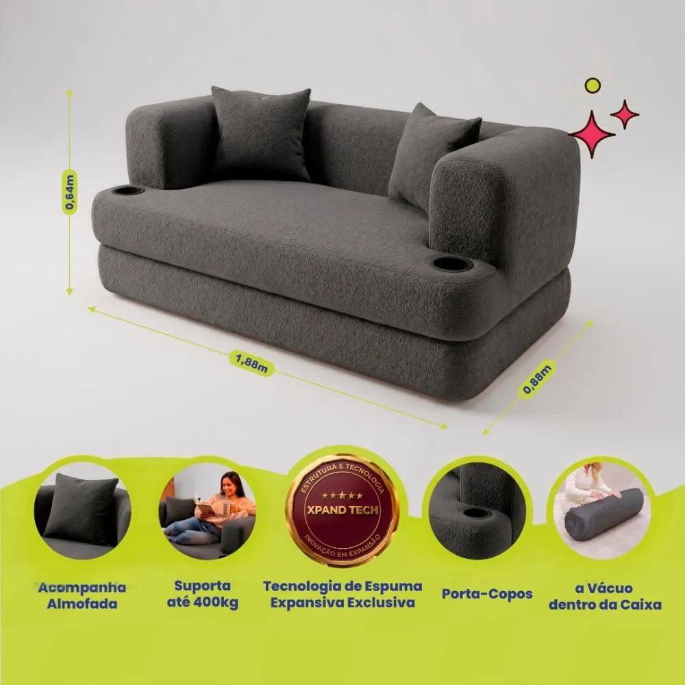 Sofá Cama Muna. 1,88m Xpand Tech Tecido Bouclê Cama Inbox